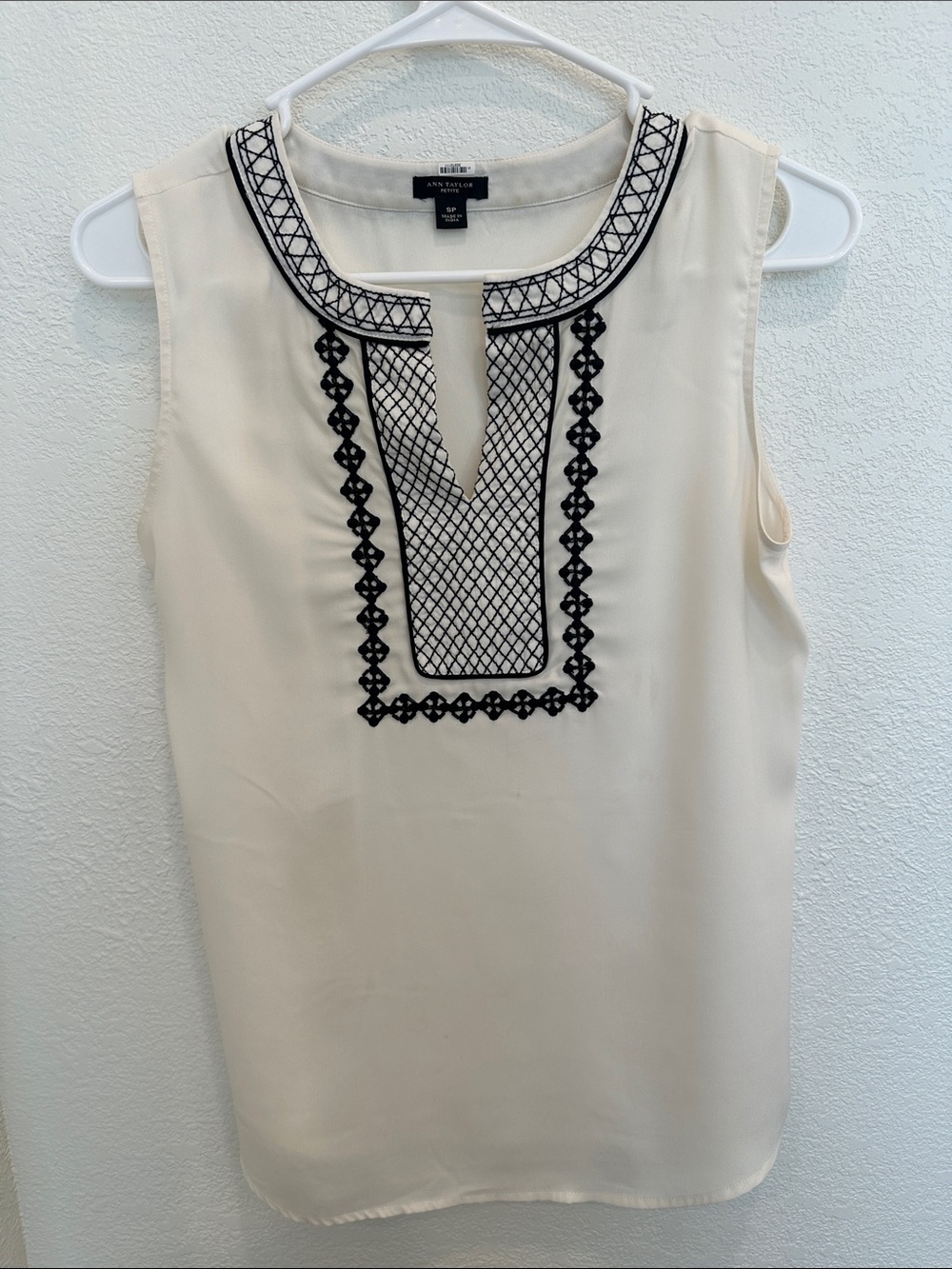 Ann Taylor Ivory Sleeveless Top with Black Embroidered Bib with Beading